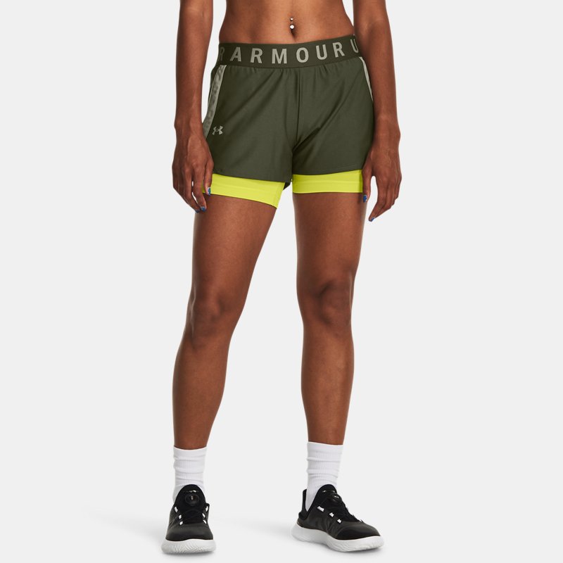Women's Under Armour Play Up 2-in-1 Shorts Marine OD Green / Lime Yellow / Grove Green XS